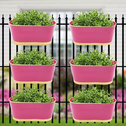 ecofynd 12 Inches Balcony Railing Planter, Hanging Flower Pots for Grills, Home Gardening Outdoor Oval Rectangular Metal Plant Pots, Pack of 6 (Pink) - halfpeapp