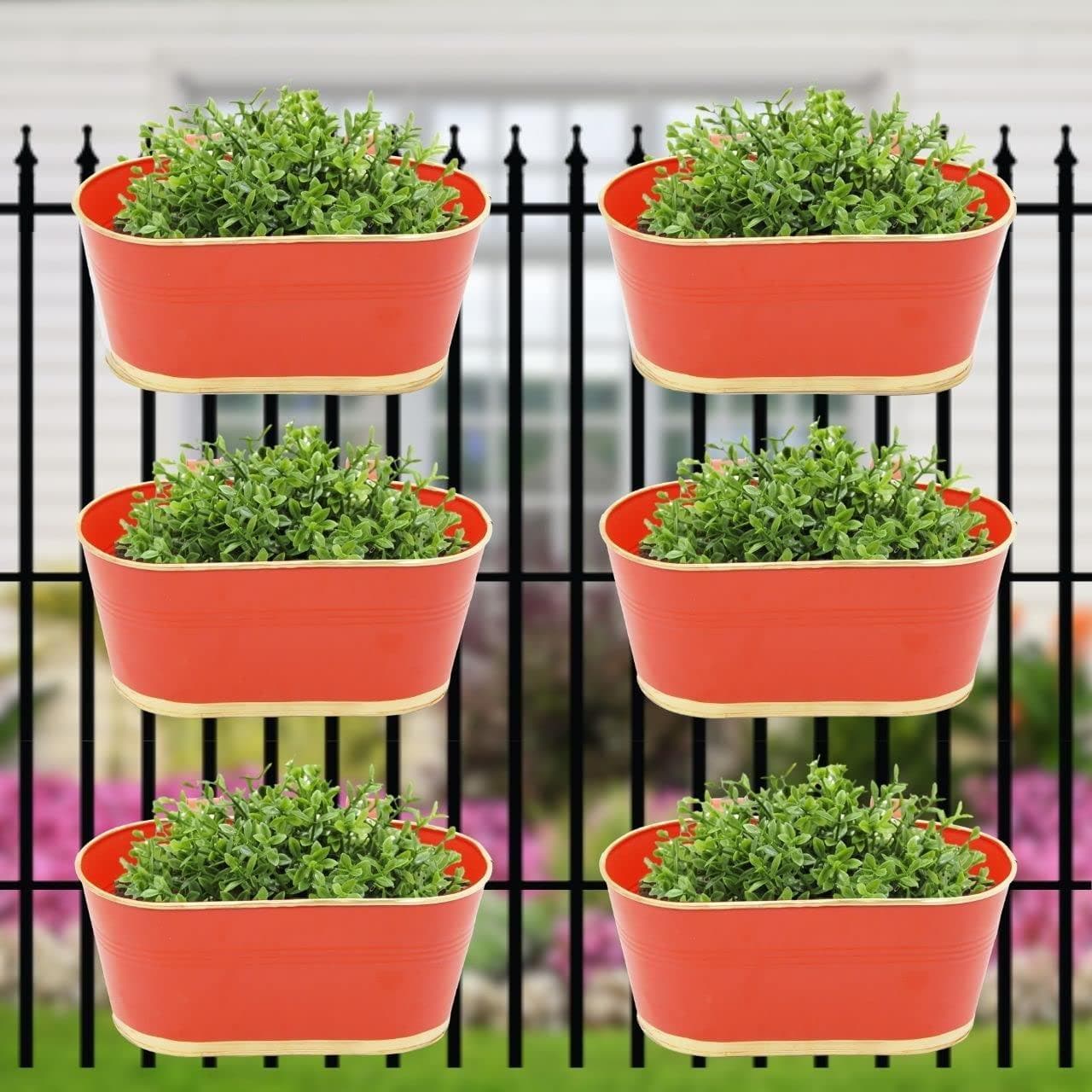 ecofynd 12 Inches Balcony Railing Planter, Hanging Flower Pots for Grills, Home Gardening Outdoor Oval Rectangular Metal Plant Pots, Pack of 6 (Red) - halfpeapp