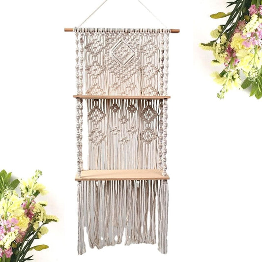 ecofynd cotton wall hanging wooden shelf, bohemian boho nordic style for home - halfpeapp