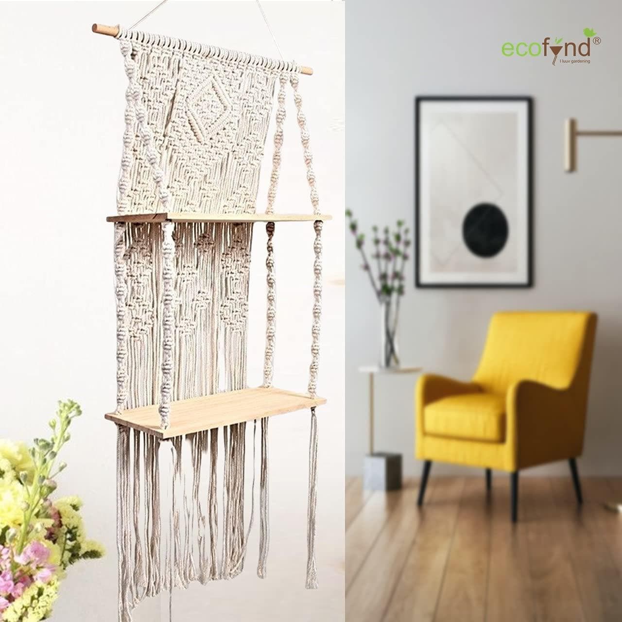 ecofynd cotton wall hanging wooden shelf, bohemian boho nordic style for home - halfpeapp