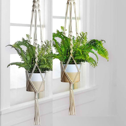 ecofynd Macrame Plant Hanger, Flower Pot Holder, Ivory, 39 inches, Pack of 2 - halfpeapp