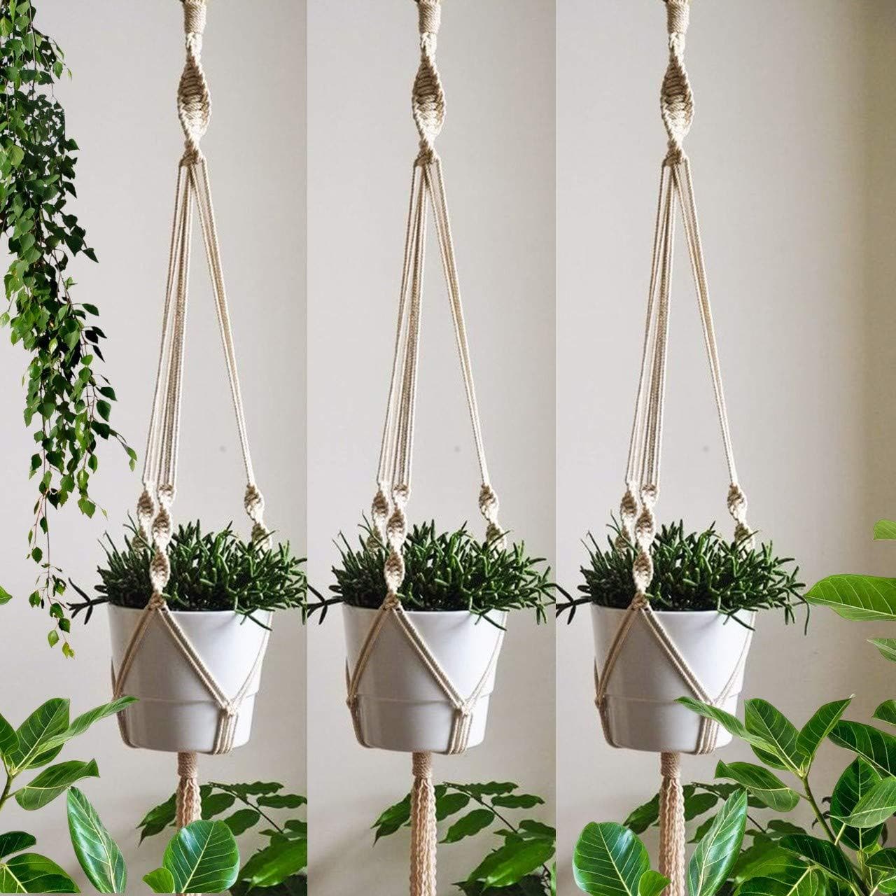 ecofynd Macrame Plant Hanger, Flower Pot Holder, Ivory, 39 inches, Pack of 3 - halfpeapp