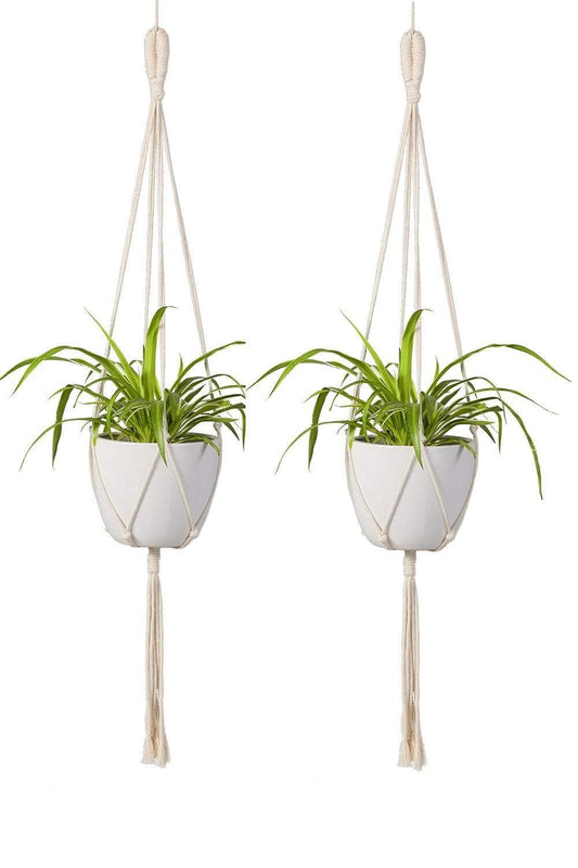 ecofynd Macrame Plant Hanger [Without Pot] | Rope Flower Pot Holder for Indoor Outdoor Balcony Gardening (M2, Pack of 2, 39 inches, Color- Ivory) - halfpeapp