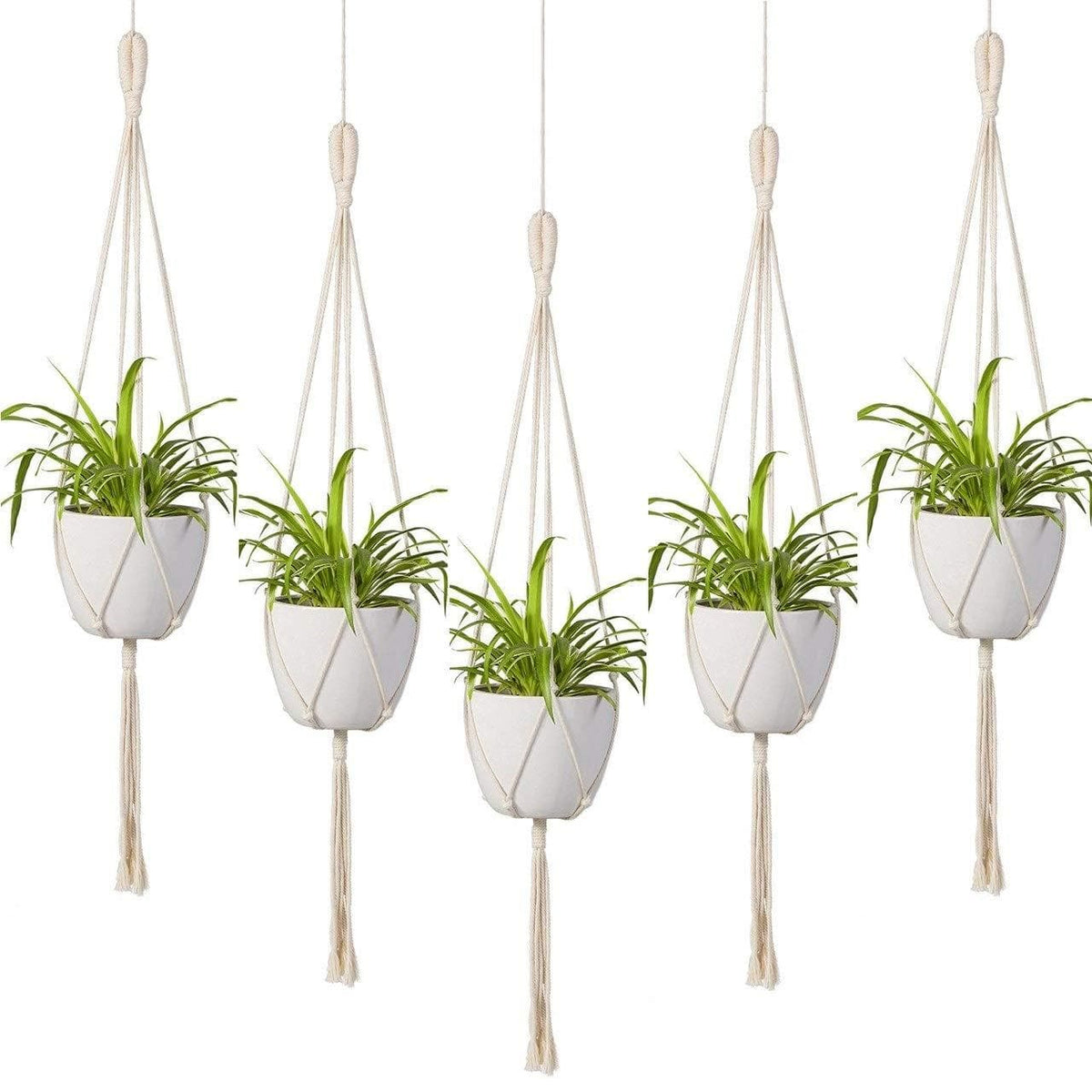 ecofynd Macrame Plant Hanger [Without Pot]|Rope Flower Pot Holder For Indoor Outdoor Balcony Gardening (M2,Pack Of 5,39 Inches),Ivory - halfpeapp