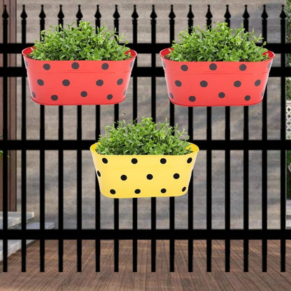 ecofynd Oval Polka Dot Balcony Railing Metal Planter with Detachable Handle (Shine and Terra, 12x6x5) -Pack of 3 - halfpeapp