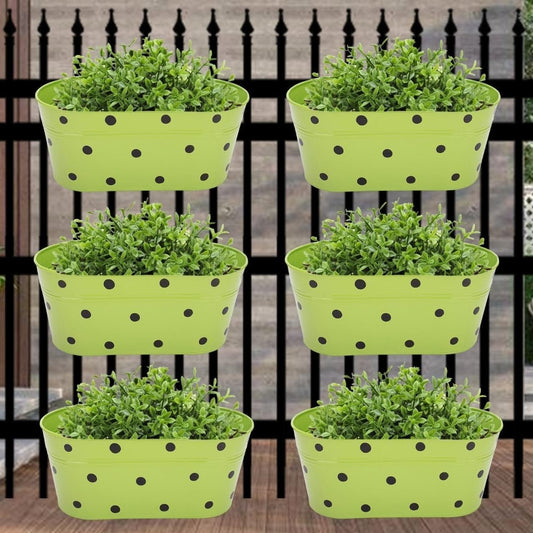 ecofynd Oval Polka Dot Balcony Railing Planter with Detachable Handle | Color - Eco Green, Pack of 6 - halfpeapp