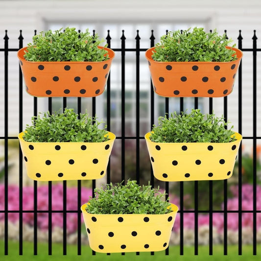 ecofynd Oval Polka Dot Balcony Railing Planter with Detachable Handle | Color - Orange and Shine, Pack of 5 - halfpeapp