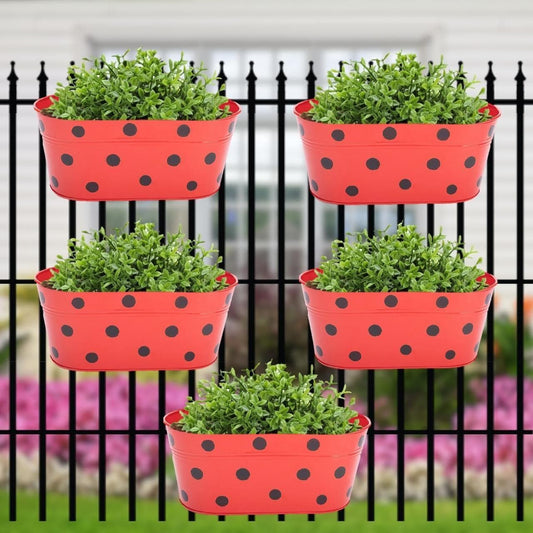 ecofynd Oval Polka Dot Balcony Railing Planter with Detachable Handle | Color - Terra, Pack of 5 - halfpeapp