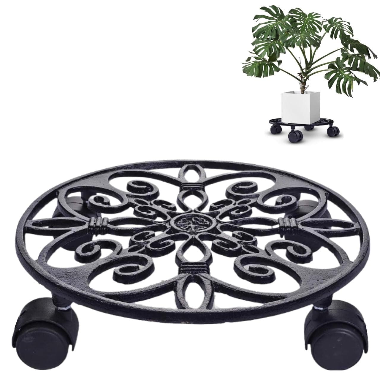 ecofynd Round Metal Plant Stand for Indoor & Outdoor Pots, Rolling Wheels Metal Potted Plant Holder for House, Garden & Patio (Pack of 1, Black, PS015) - halfpeapp