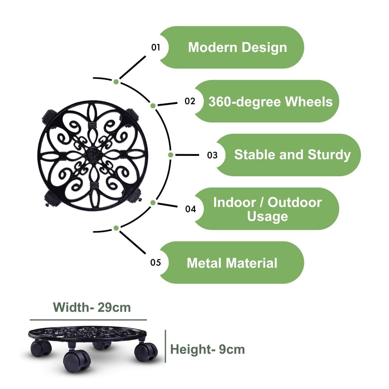 ecofynd Round Metal Plant Stand for Indoor & Outdoor Pots, Rolling Wheels Metal Potted Plant Holder for House, Garden & Patio (Pack of 1, Black, PS015) - halfpeapp