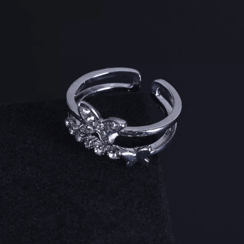 Pinapes American Diamond Butterfly Design Silver Plated Adjustable Ring For Women & Girls - HalfPe