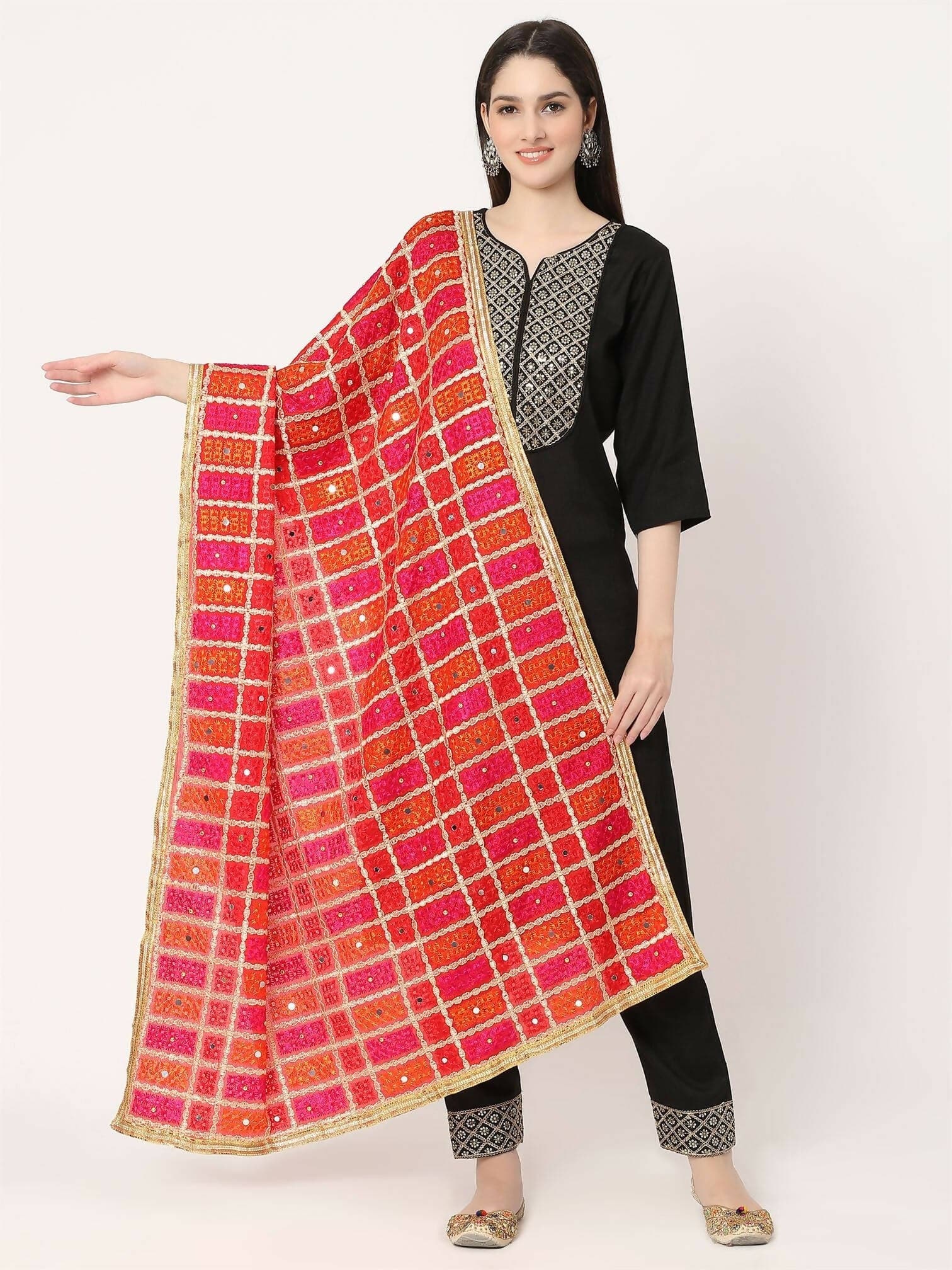 Red Embroidery Phulkari Dupattai With Mirror Work - HalfPe