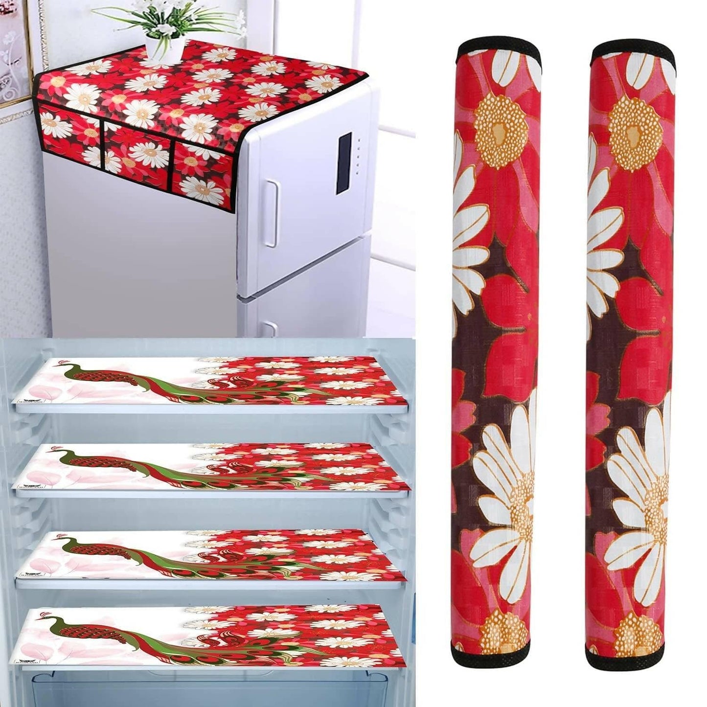 WISHLAND Double Door Fridge Cover Combo Set pf 1 Fridge Top Cover + 2 Fridge Handle Cover + 4 Multipurpose Fridge Mats (Red) - HalfPe