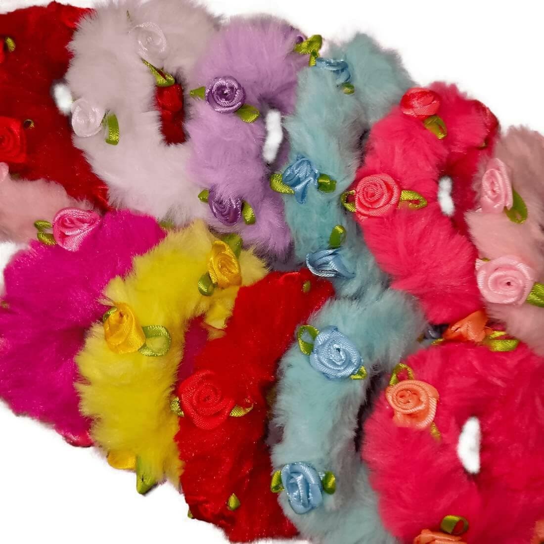 SENECIO Lovely Rose Fluffy Fur Soft Multicolor Rubber Band Hair Tie Scrunchies (12Pc Set) - HalfPe