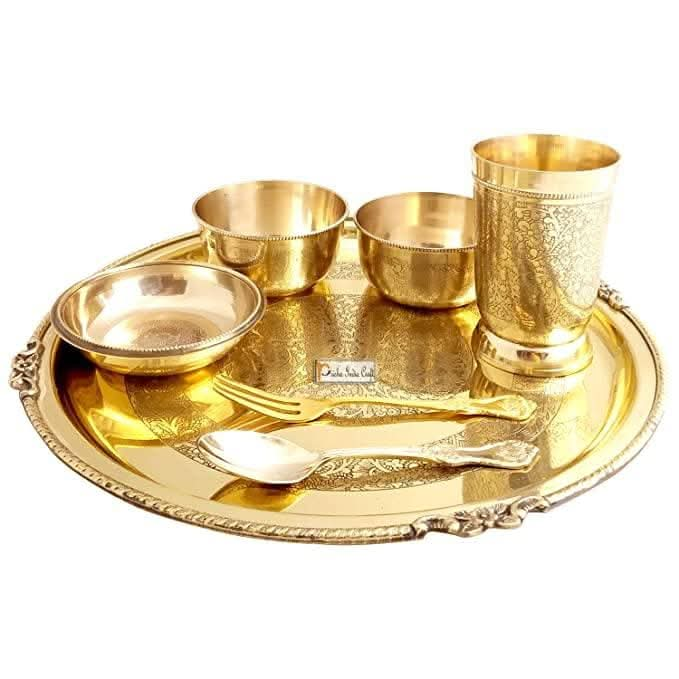 Embossed design pure brass dinner thali set 7 Pieces (Gold plated) | PRISHA INDIA CRAFT - HalfPe