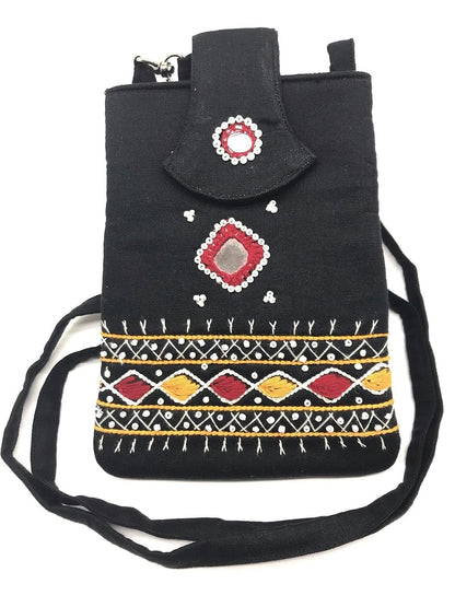 Embroidered crossbody long strap ladies purse (black) - halfpeapp