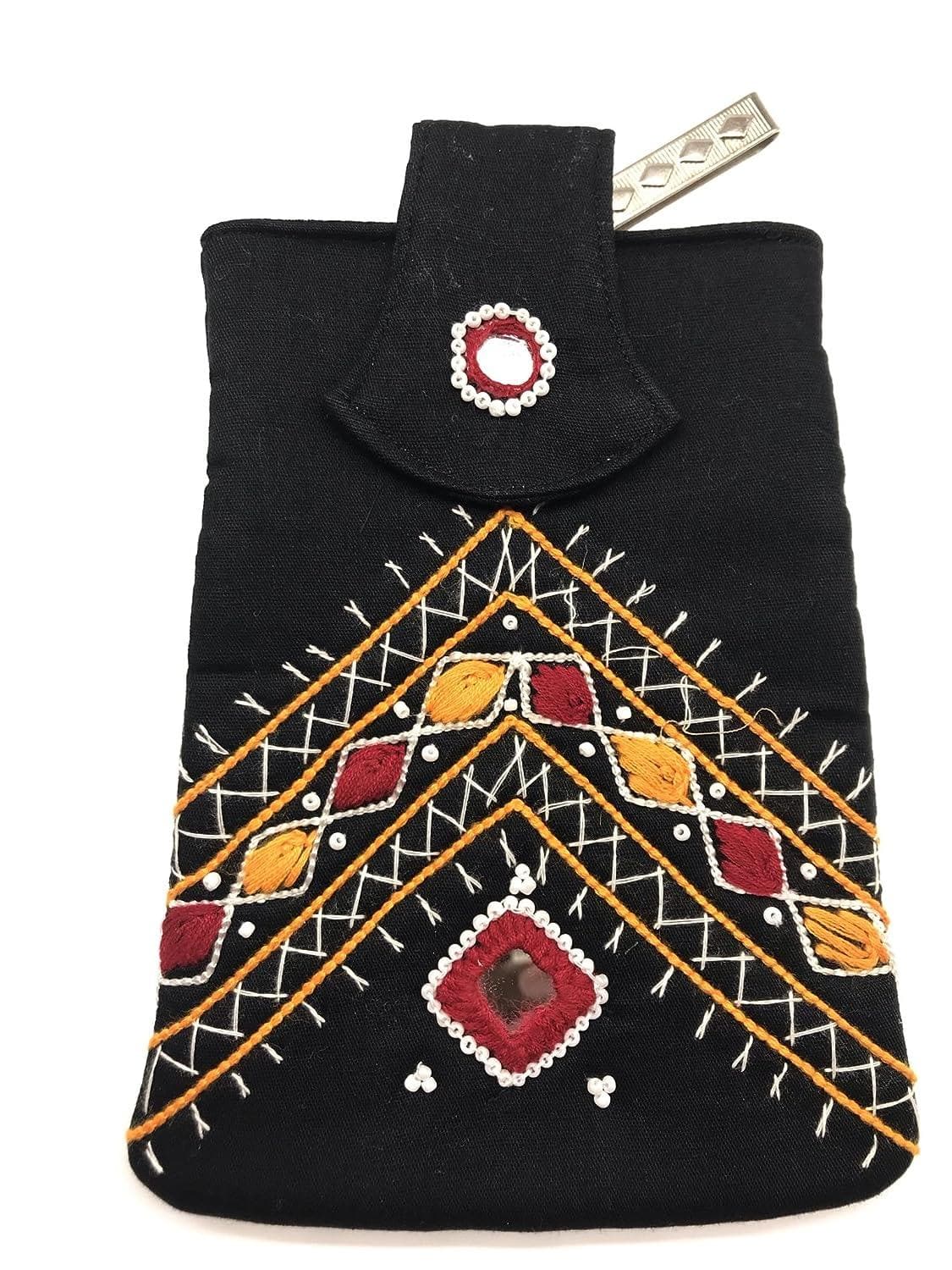 Embroidered handmade mobile pouch with string (black) - halfpeapp