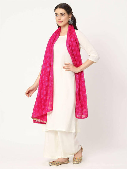 Magenta Pink Sequined Phulkari Embroidery Dupatta - HalfPe