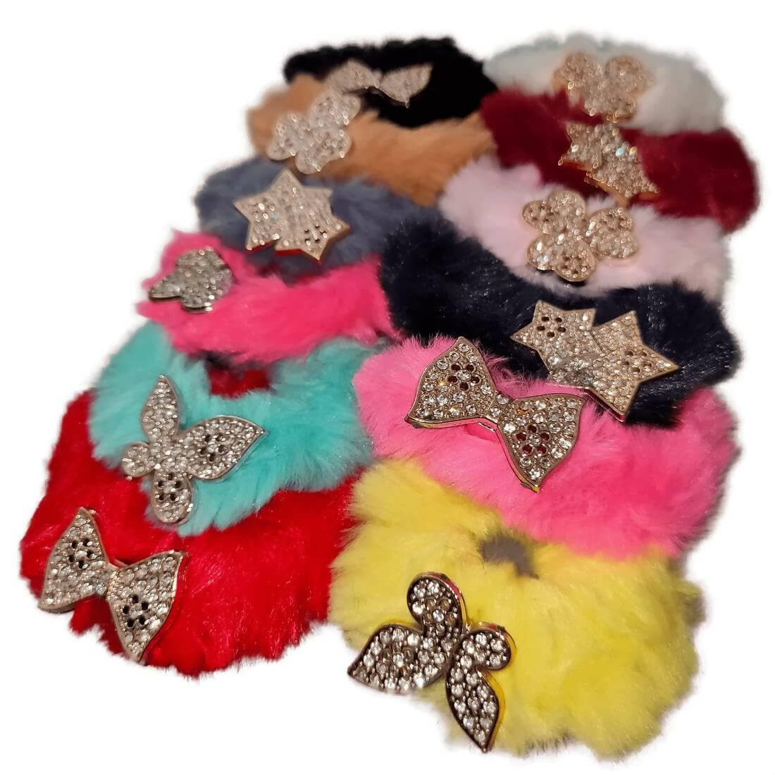 SENECIO Multi Shape Crystal Studded Fluffy Fur Soft Multicolor Rubber Band Hair Tie Scrunchies (Pack of 12) - HalfPe