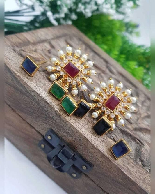 Ethnic diamond changeable stud earrings set with green, red and black stones| MANATH - halfpeapp