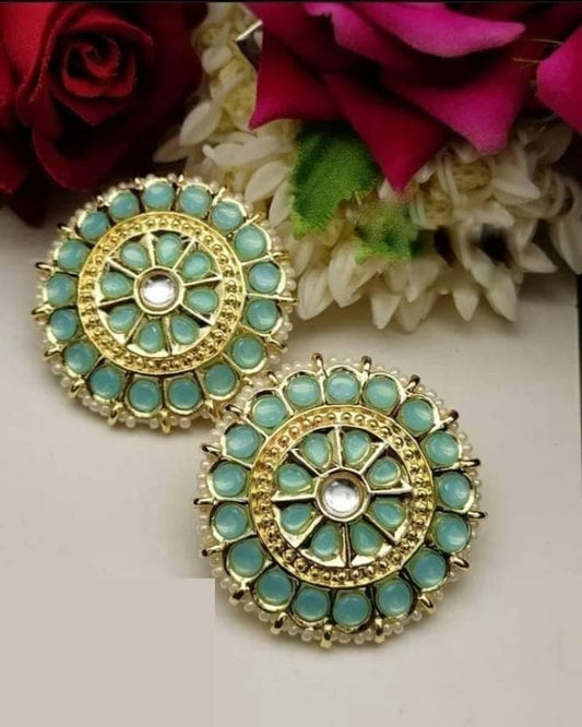 Ethnic kundan diamond studs earrings set jewelry (light green) | MANATH - halfpeapp