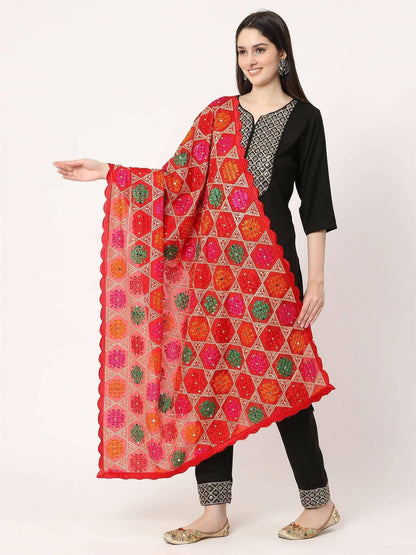 Red Multicolour Phulkari Dupatta With Mirror - HalfPe