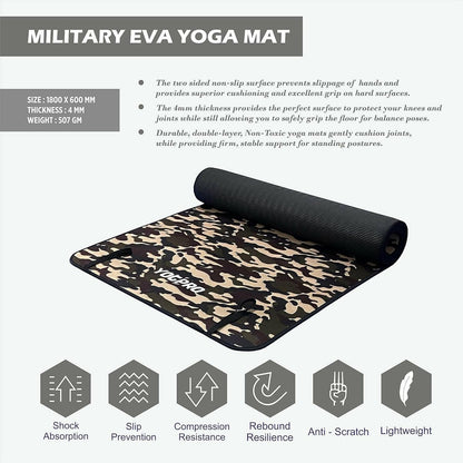 YOGPRO Camouflage Printed fabric Anti-Slip Eva Exercise Yoga Mat with Border Piping and In-built Strap, 4mm - HalfPe