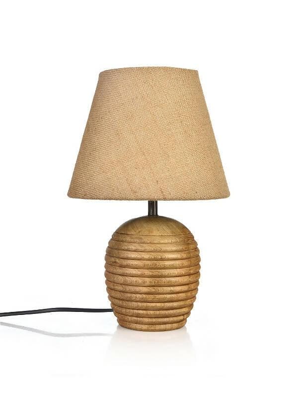 Striped Wooden Brown Lamp With Brown Jute Shade - HalfPe