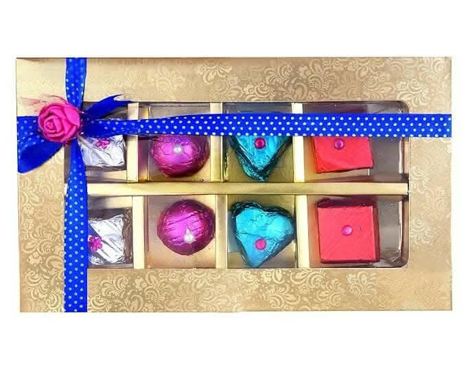 MANTOUSS Happy Diwali Chocolate Gift (Golden Decorative Box) + 2 Gel Filled Glass Candle, Diwali Greeting Card and Rangoli Colours - HalfPe