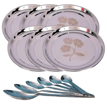 SHINI LIFESTYLE Stainless Steel Heavy Gauge Dinner Plates With Spoons (Pack of 12) - HalfPe