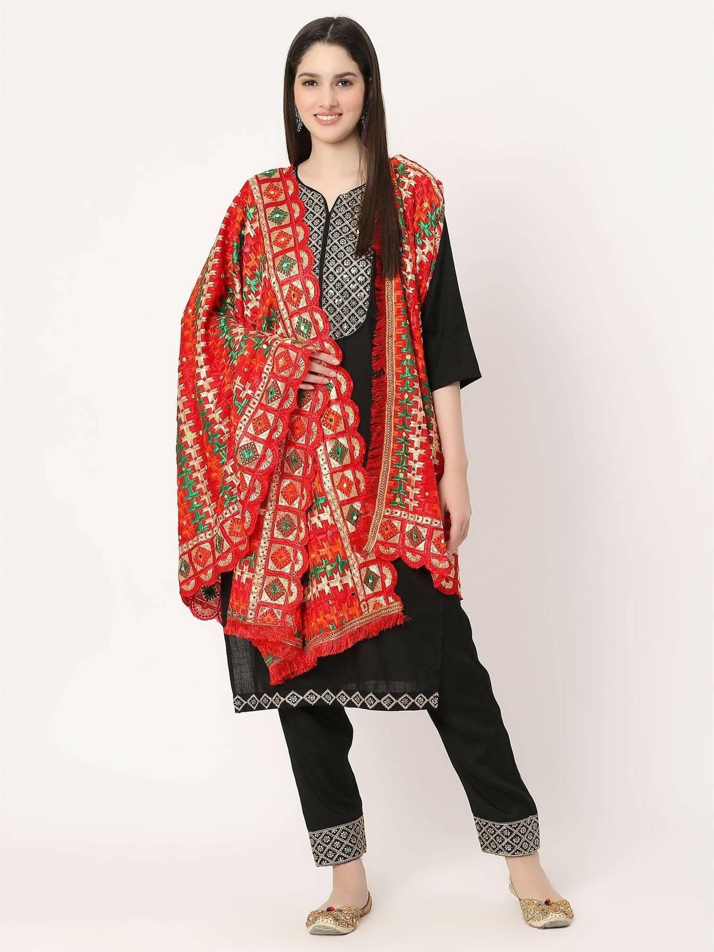 Red Mullticolour Embroidery Phulkari Dupatta with Mirror - HalfPe