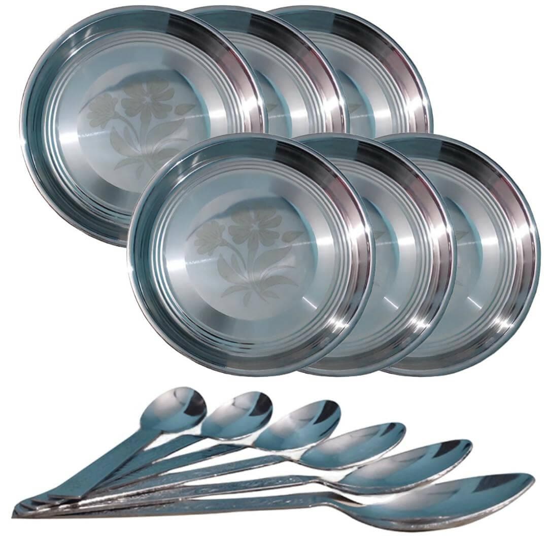 SHINI LIFESTYLE Stainless Steel Floral Dinner Plate with Table Spoon Set (Pack of 6) - HalfPe