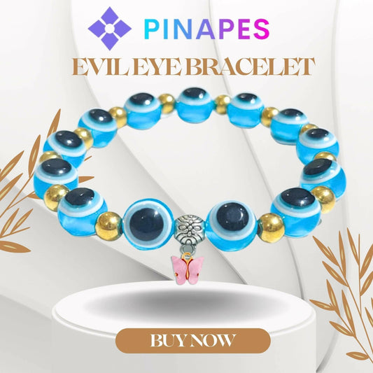 Pinapes Butterfly Beads and Evil Eye Charm Bracelet A Must-Have for Fashionable and Superstitious Women with pink butterfly(sky blue) - HalfPe