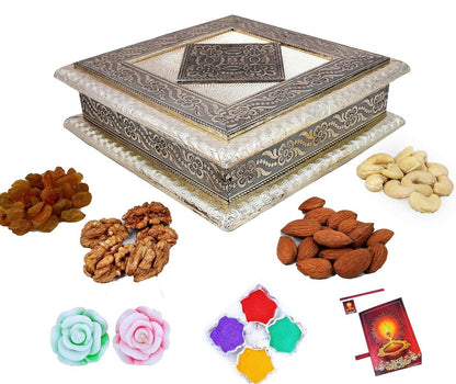 Diwali Dry Fruit Gift Pack-Cashew,Almond,Walnut and Raisin (100gms Each) 400gms+Mandala bedsheet+2 Floating Candles,Card and Rangoli Colours (Dry Fruits+Floating Diya+Mandala BEDSHEET) - HalfPe