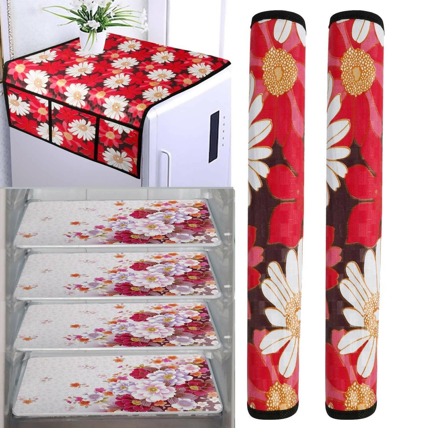 WISHLAND Single Door Fridge Cover Combo Set pf 1 Fridge Top Cover + 2 Fridge Handle Cover + 4 Multipurpose Fridge Mats (Red) - HalfPe