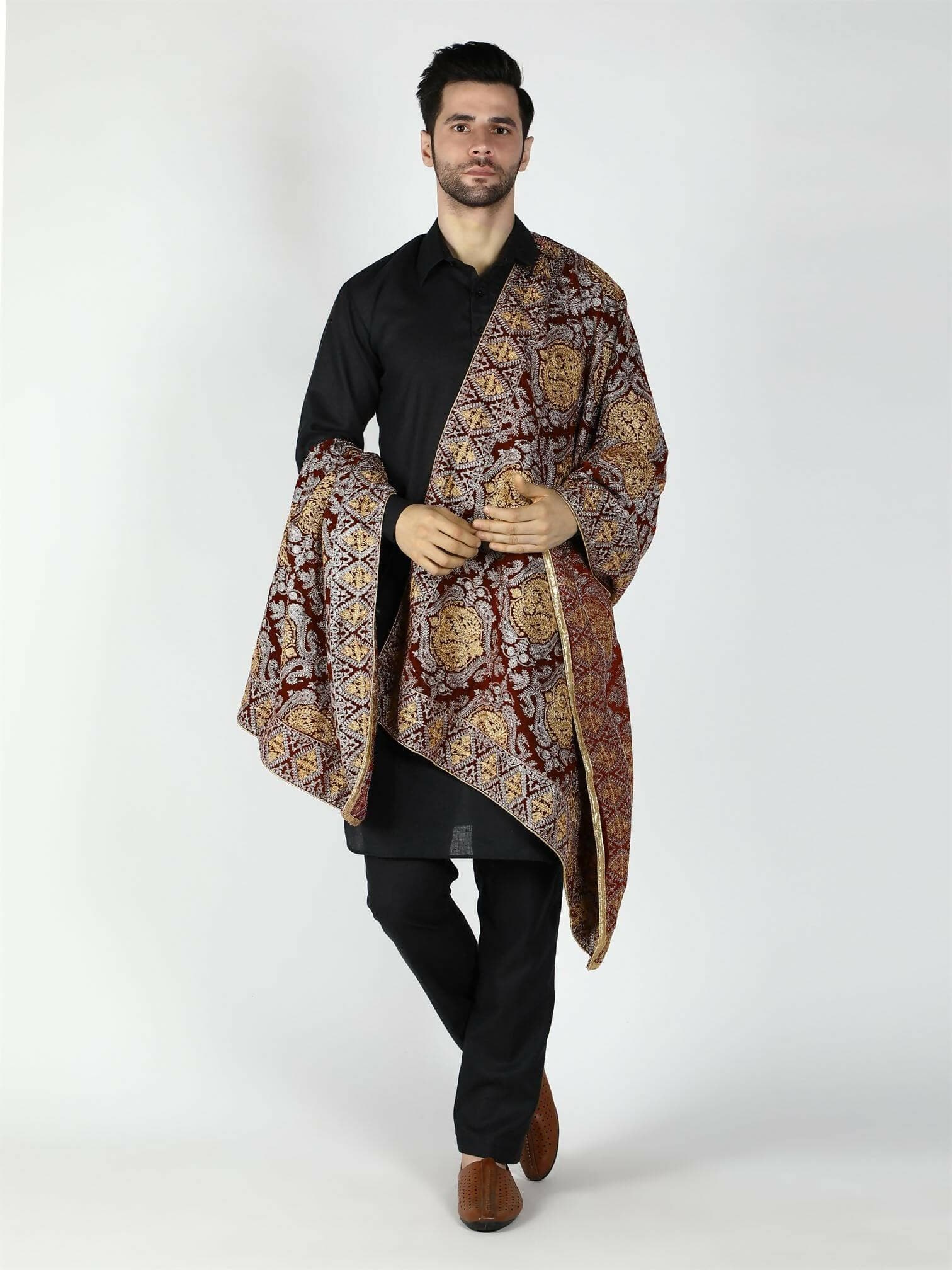 Moda Chales Men's Velvet Shawl (Maroon, Silver, Gold) - HalfPe