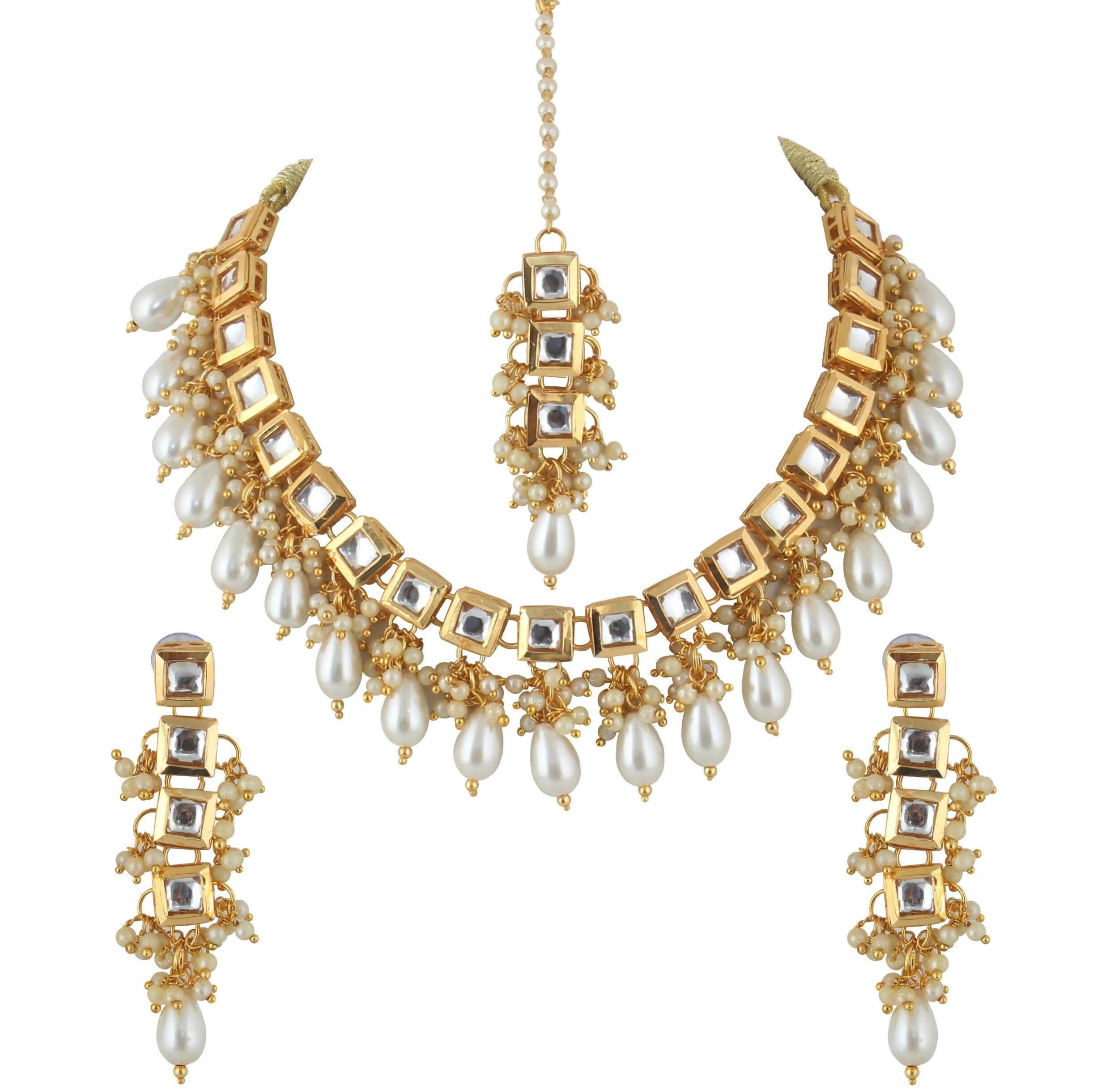 LUCKY JEWELLERY Back Meenakari 18k Gold Plated White Color Tika Earring Combo Uncut Big Faux Kundan Choker Necklace set (660-J5SK-1664-W) - HalfPe
