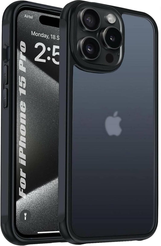 SQUIF iPhone 15 Pro Case Translucent Matte Hard Back Cover with Camera and Screen Protection (Black) - HalfPe