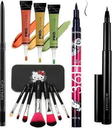 Crynn Rosedale Ultimate Professional 7 Makeup Brush & Yanqina 36H Deep Black Eyeliner & LA Orange Yellow Green Concealer Corrector (Pack of 5) - HalfPe