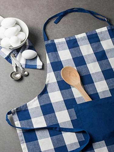 Lushomes Apron for Women, Checks Kitchen Apron for Men, Cooking Apron, apron for kitchen, kitchen dress for cooking, cotton apron for women, Size 70x80 cms, Colour Blue. - HalfPe