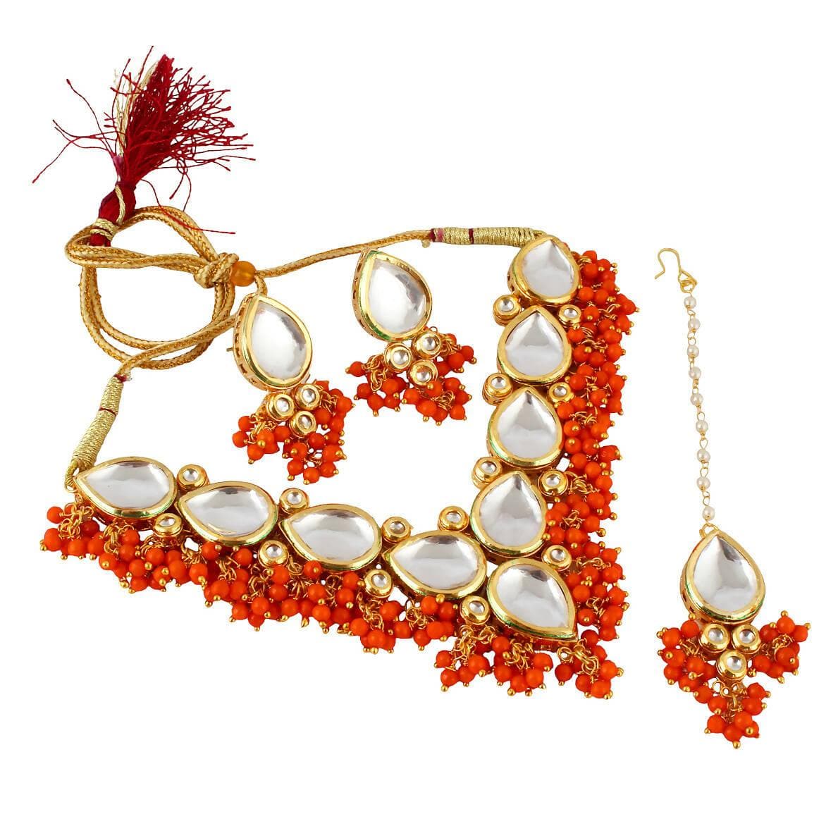 500 LUCKY JEWELLERY Back Meenakari 18k Gold Plated Orange Color Tika Earring Combo Uncut Big Faux Kundan Choker Necklace set with large stones - HalfPe