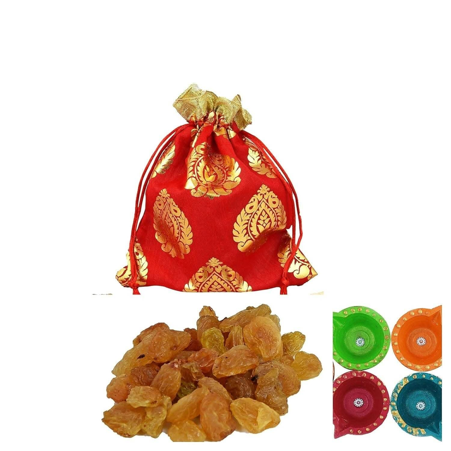 MANTOUSS Diwali Dry Fruit Red Designer Potli-Raisin + 2 Cute diyas - HalfPe