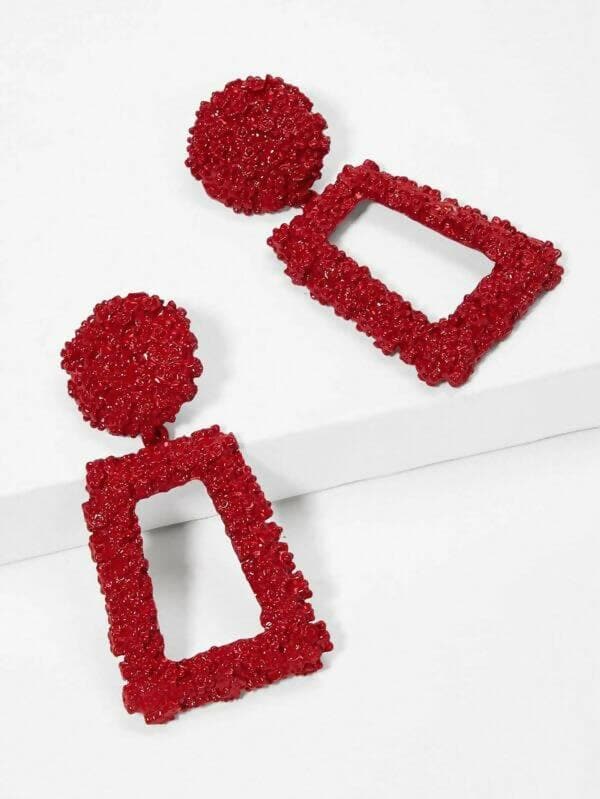 Pinapes Rectangle Geometric Metallic Earrings (Red) - HalfPe