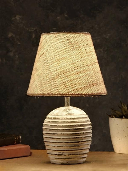 Striped Wooden White Lamp With White Jute Shade - HalfPe