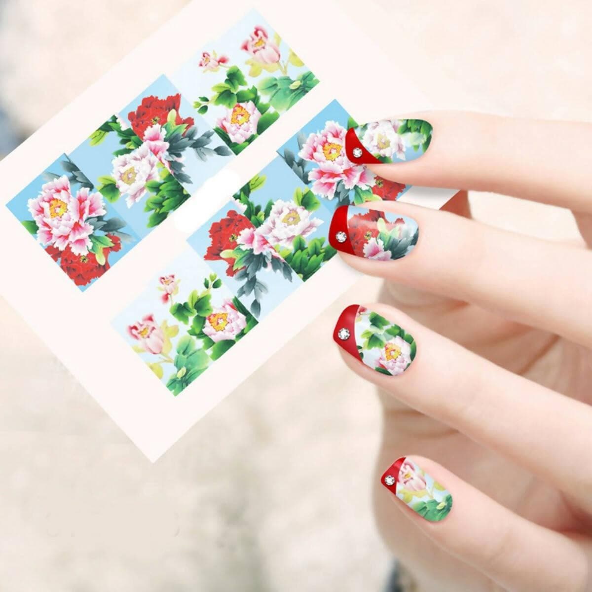 SENECIO Peony Multicolor Full Wraps Nail Art Manicure Decals Water Transfer Stickers (2 Sheets) - HalfPe