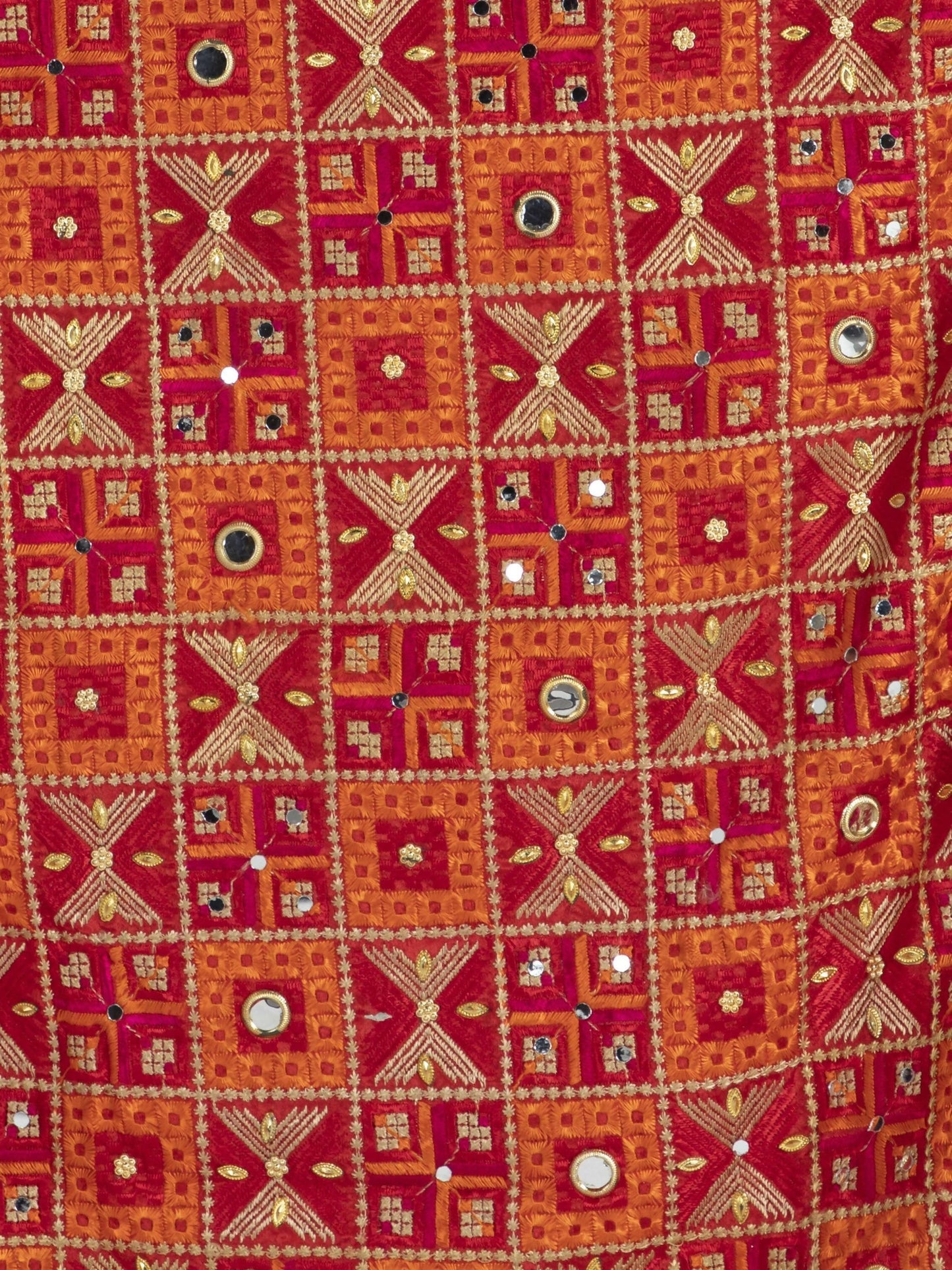 Phulkari Dupatta with Mirror Work ( Orange and Red ) - HalfPe