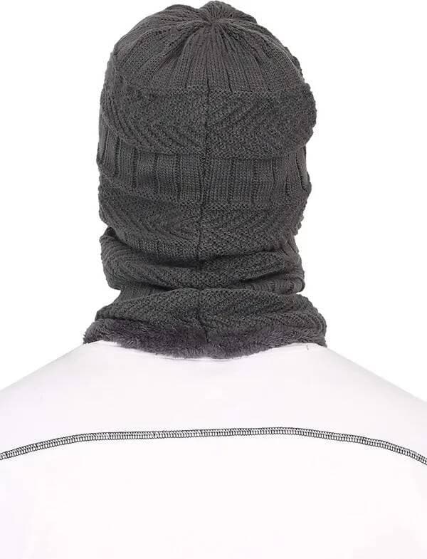 Woven Grey Unisex Acrylic Woolen Balaclava, Beanie/Skull Cap & Muffler - HalfPe