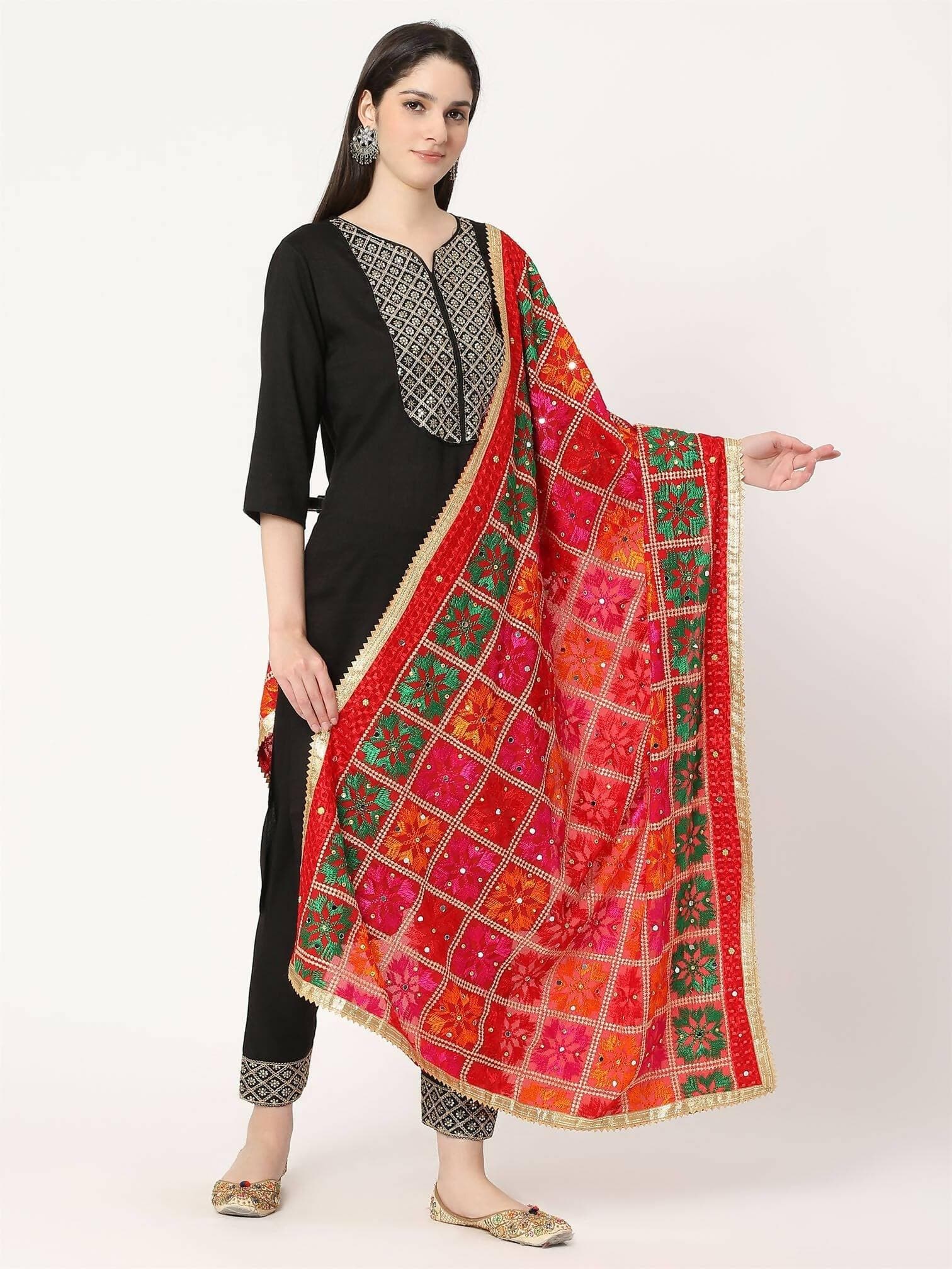 Red Multicolour Embroidery Phulkari Dupatta with Mirror Work - HalfPe