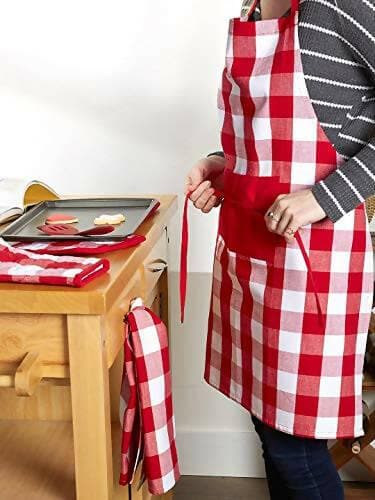 Lushomes Apron for Women, Checks Kitchen Apron for Men, Cooking Apron, apron for kitchen, kitchen dress for cooking, cotton apron for women, Size 70x80 cms, Colour Red. - HalfPe