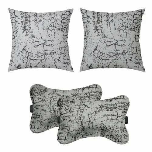 Car Cushion Pillows for Neck, Back and Seat Rest, Pack of 4, Light Grey Printed Velvet Material, 2 PCs of Bone Neck Rest Size: 6x10 Inches, 2 Pcs of Car Cushion Size: 12x12 Inches by Lushomes - HalfPe